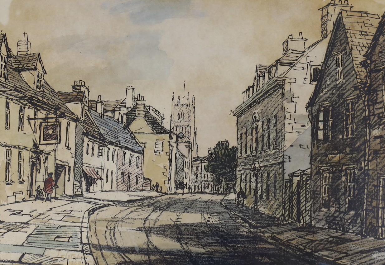 James Fletcher-Watson (1913-2004), ink and watercolour, 'Cotswold Town (Gloucester Street, Cirencester), signed and dated 1958, label verso, 24 x 35cm